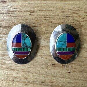 VTG Zuni‎ Earrings Clips 1.25" Inlay Turquoise Lapis Sugilite Oval Sterling 9.4g
